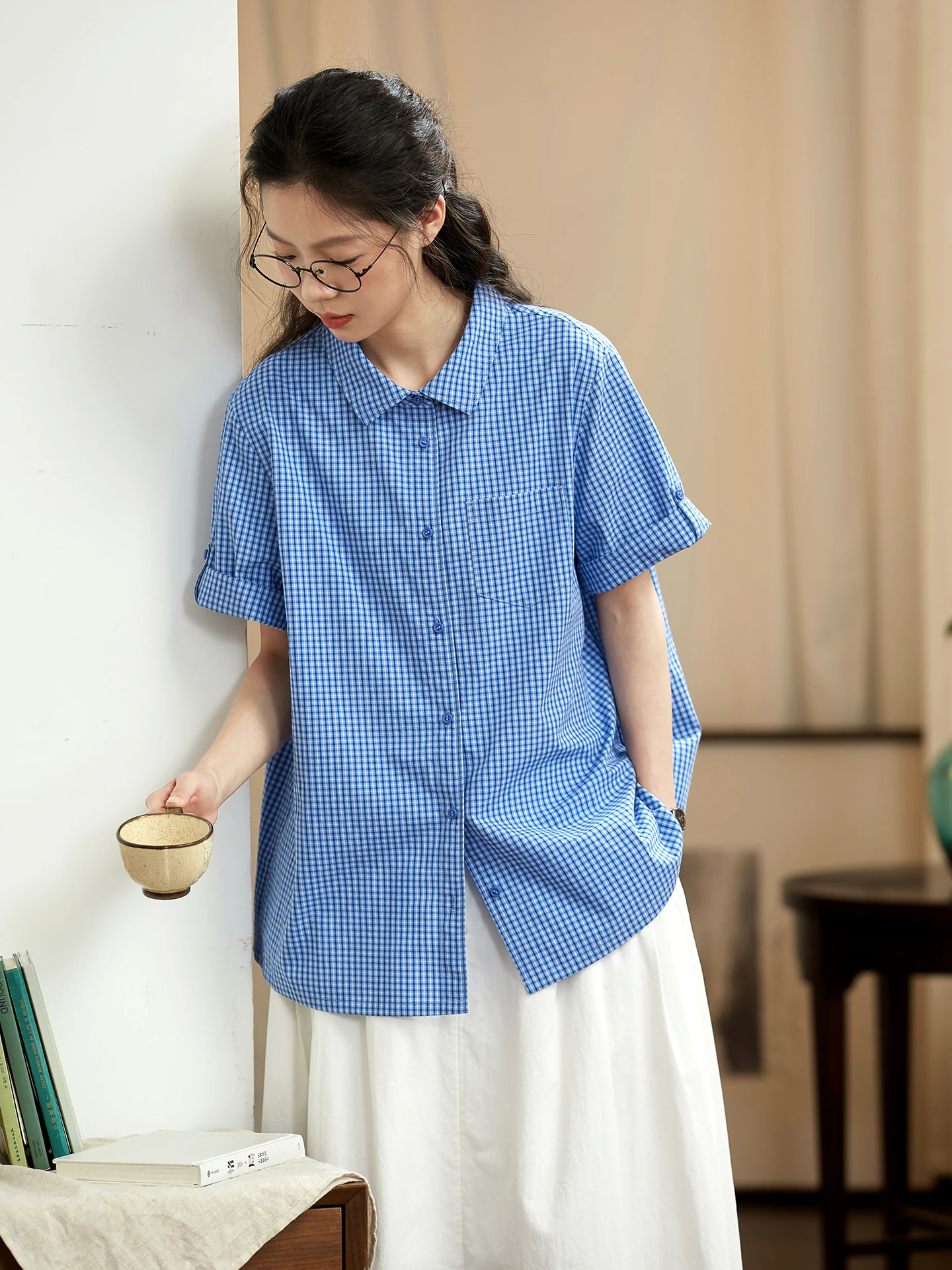 

Original Artistic Blue White Plaid Women's Casual Shirt Summer Loose Short Sleeve Turn-down Collar Top Breathable Cotton Japa...