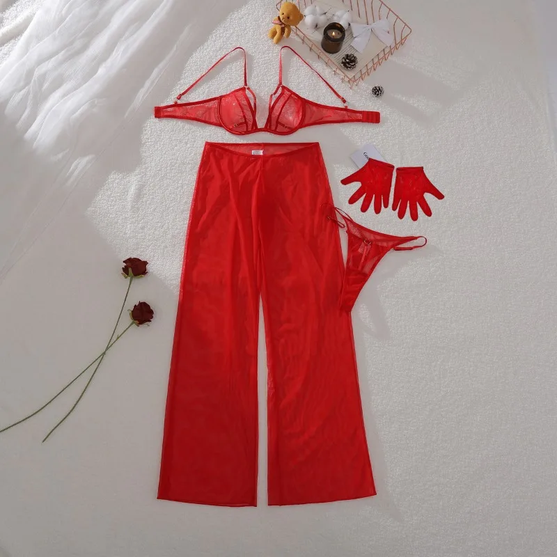 Tornova Sexy Underwear Women 2025 New Casual Mesh Trousers Body Shaping Thin Sexy Lingerie Split Set Gloves Sexy Lingerie Suit