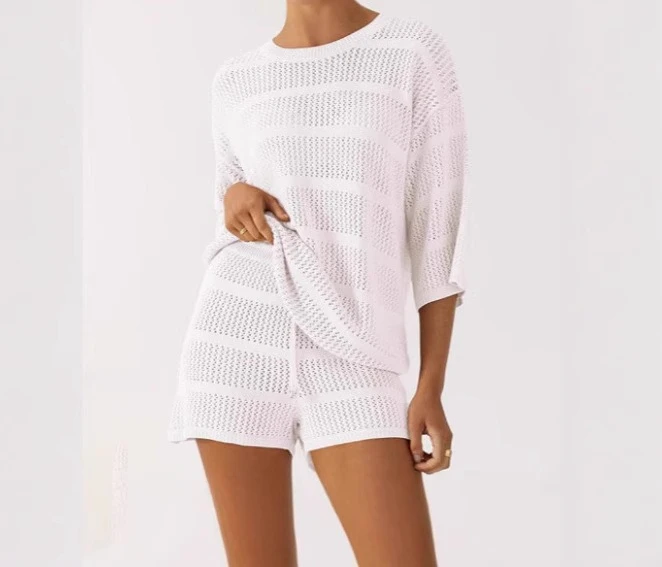 

2025 Summer Solid Color Hollow Knitted Top and Shorts Two Piece Set for Women
