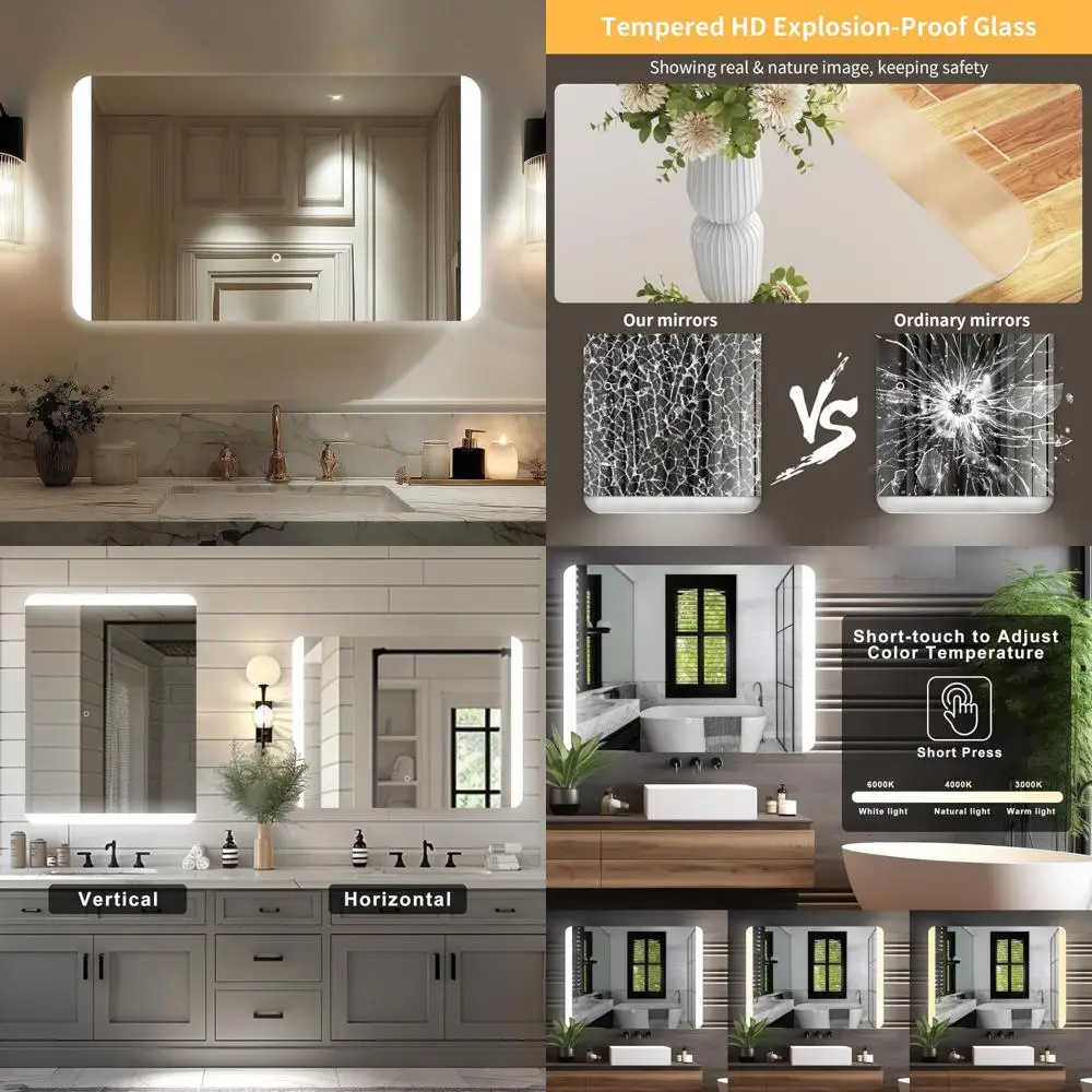 Rectangular Backlit LED Bathroom Mirror with Rounded Corners, Shatter-Resistant, Dimmable Frameless Vanity Mirror