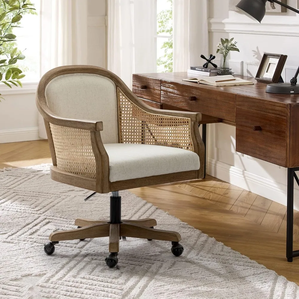 Vintage Office Chair with Armrest, Adjustable Swivel Rolling Height Task Chai,Rattan Desk Chair, Upholstered Home Office Chair