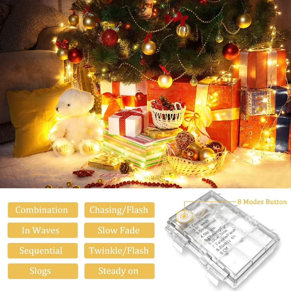 Battery Operated Remote Dimmable Timer String Lights 8 Modes for Garland Christmas Wedding Party Holiday Decorations