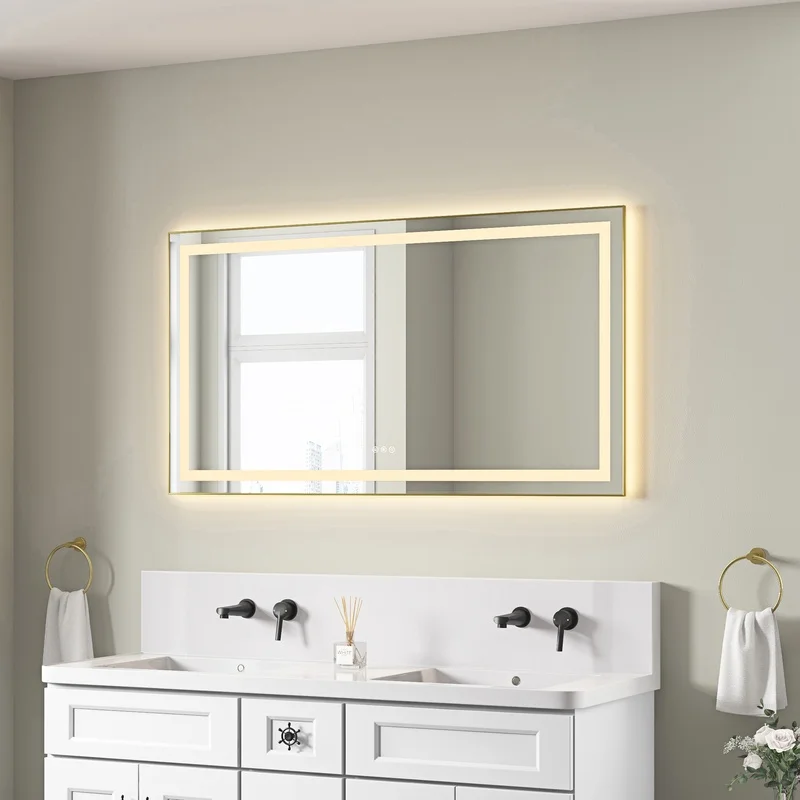 

55" LED Bathroom Mirror with Front and Backlight, Wall-Mounted Vanity Mirror, Aluminum Frame, Anti-Fog, Memory, 3 Color Temperatures, Stepless Dimmable