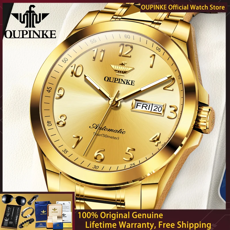 OUPINKE 3228 Men Watch Luxury Brand Japanese Automatic Mechanical Watch Gold Digital Scale Calendar Men Watch Reloj Hombre ﻿