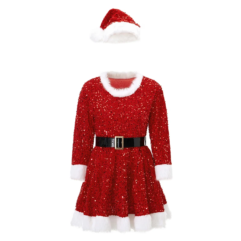 Women Christmas Costumes Red Shiny Furry Patchwork Short A-line Dress with Belt and Hat Cosplay Party Outfits 2025 Clubwear