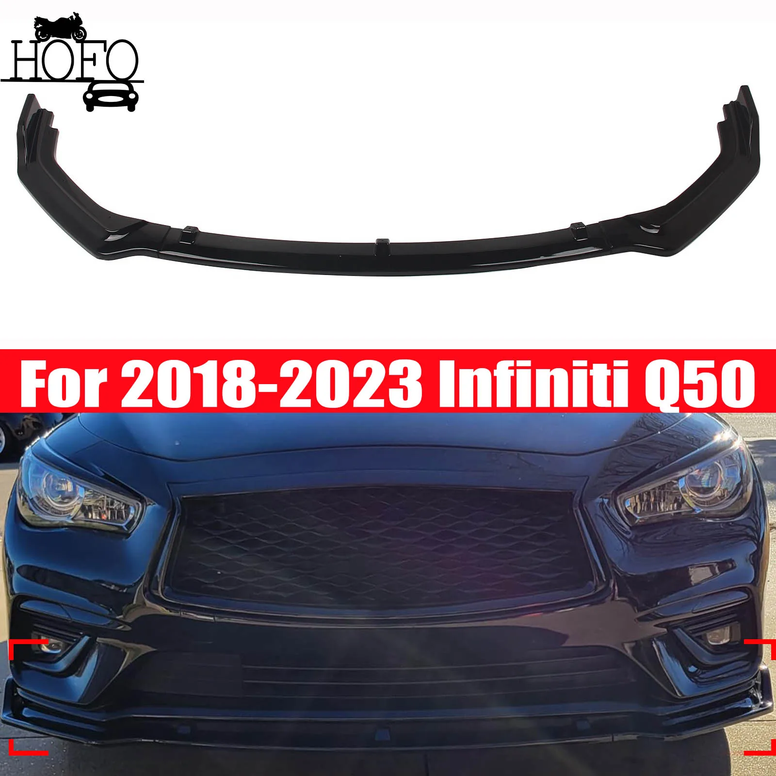 

For Infiniti Q50 Sport 2018-2023 Gloss Black ABS 3PC Front Bumper Lip Chin Splitter