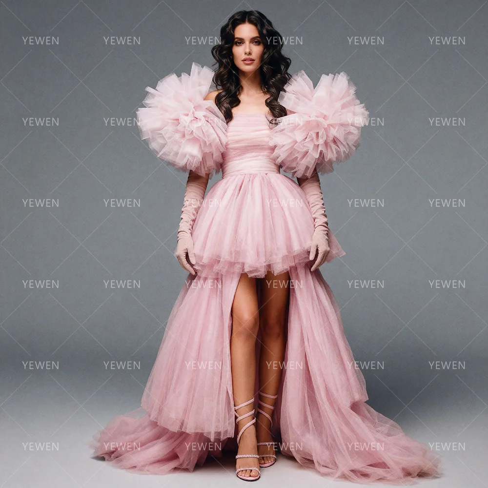 High Low Tulle Dress with Ruffle Sleeves Custom Color Photography Gown Elegant Formal Dress for Photoshoot & Special Occasion