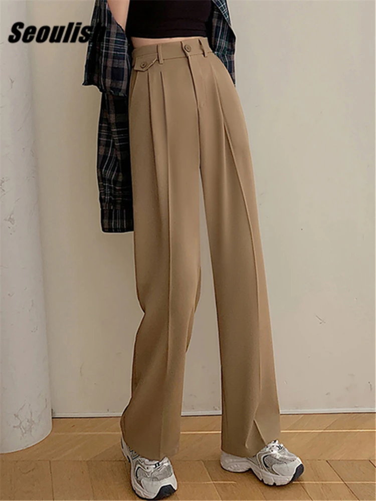 

Seoulish Spring Summer Elegant Women's Wide Leg Pants 2022 New High Waist Button Casual Loose Chic Straight Trouses Female