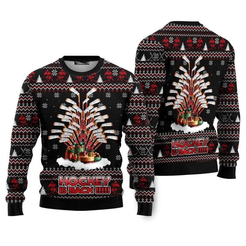 Hockey Lover Ugly Sweater Men's Christmas Festival Crewneck Pullover Top 3D Print Fun Santa Sports Casual Xmas Fashion Sweaters