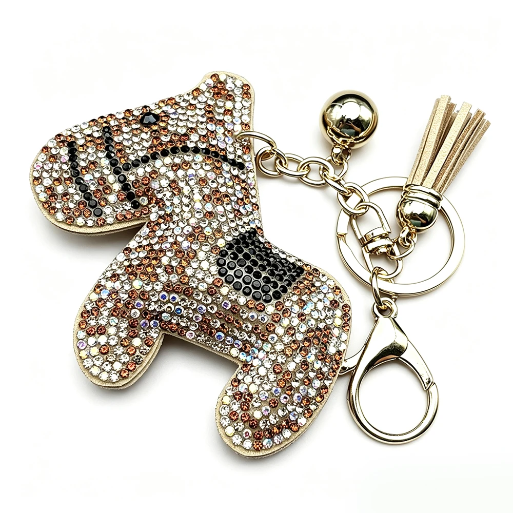 Fashion Horse Woman Bag Charm Full Crystal Rhinestone Keyring Khaki Tassel Animal Lovely Blingbling Keyholder Jewelry Accessory