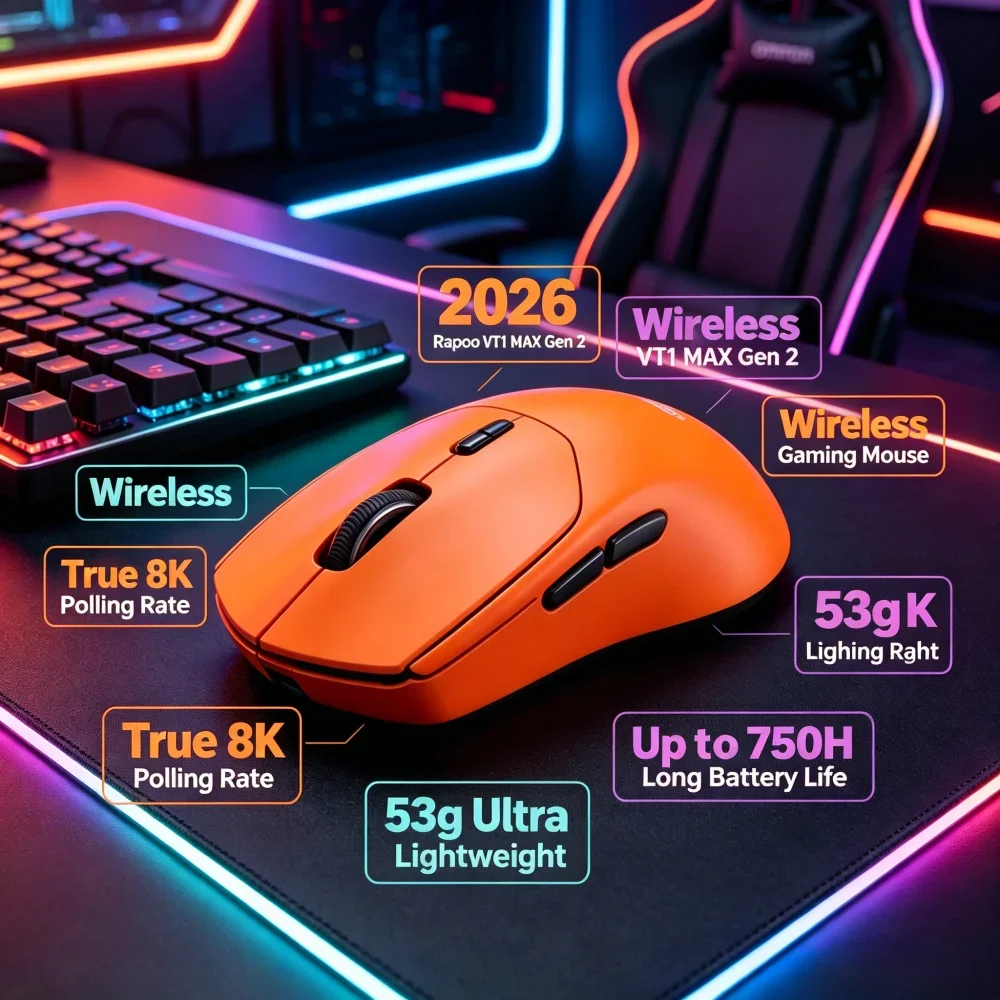 2026 Rapoo VT1 MAX Gen 2 Wireless Gaming Mouse, True 8K Polling Rate, 53g Ultra Lightweight, Up to 750H Long Battery Life