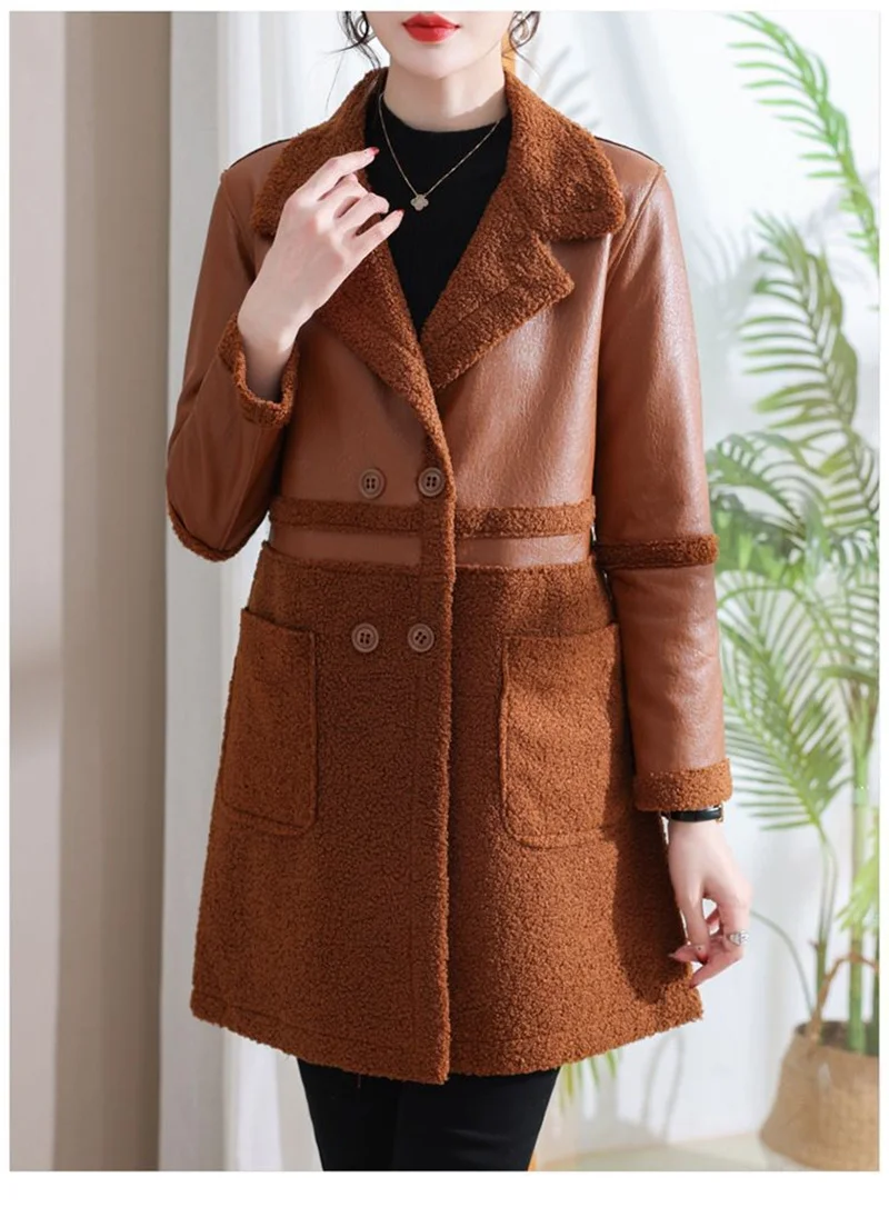 2024แจ็คเก็ตหนังขนแกะสไตล์เกาหลีสำหรับผู้หญิง, เสื้อกันลมแบบใหม่สำหรับฤดูใบไม้ร่วง/ฤดูหนาว