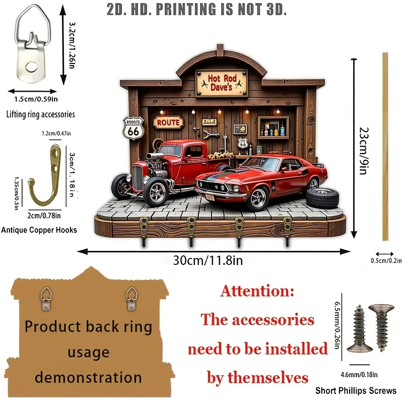 2D Flat, 1pc, Retro Car Route 66 Theme Key Hook, Wooden Multifunctional Home Key Holder, with Four Metal Hooks, Wall