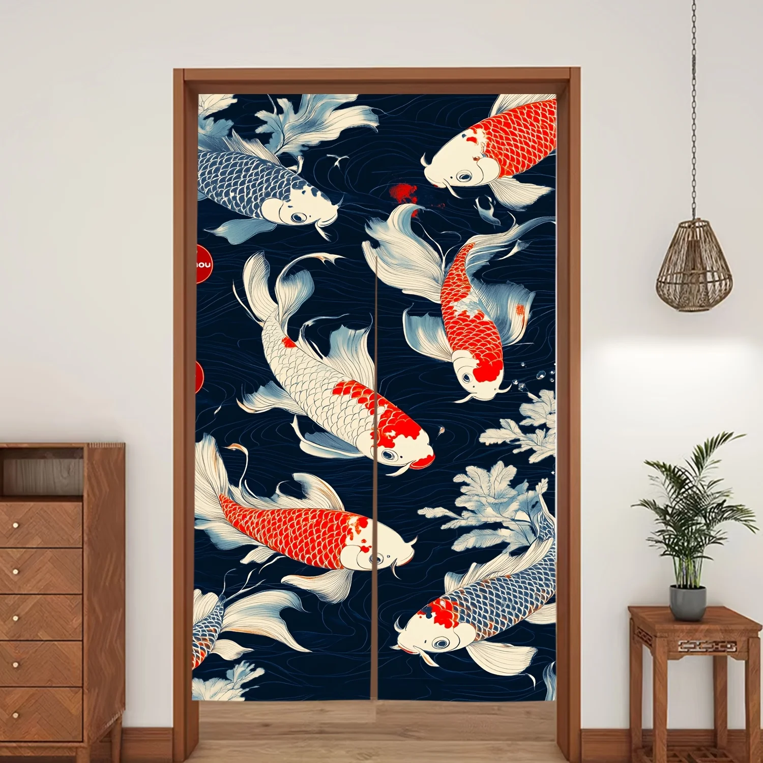 Japanese Ukiyo-e Koi Fish Door Curtain Dark Water Ripple Design with Vibrant Red & White Koi Swimming Through Waves