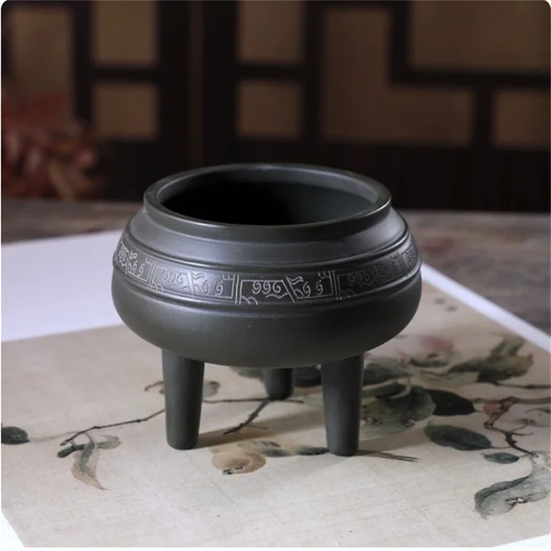 Ceramic Circle Tripedal Bonsai Pot, Inner Size 7.8cm, 3 Color, National Pattern, Dormitory Room Table, Garden Decoration, Table