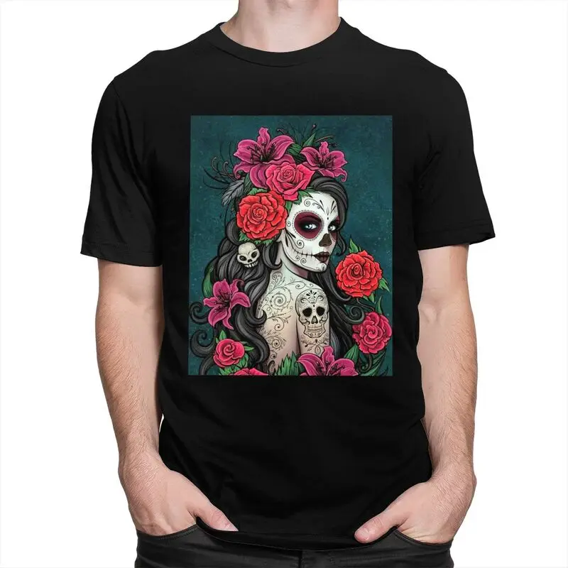 Custom Mexican Catrina Sugar Skull Lady Tshirts for Men Short Sleeve Casual T Shirt T-shirt Pure Cotton Tee Gift
