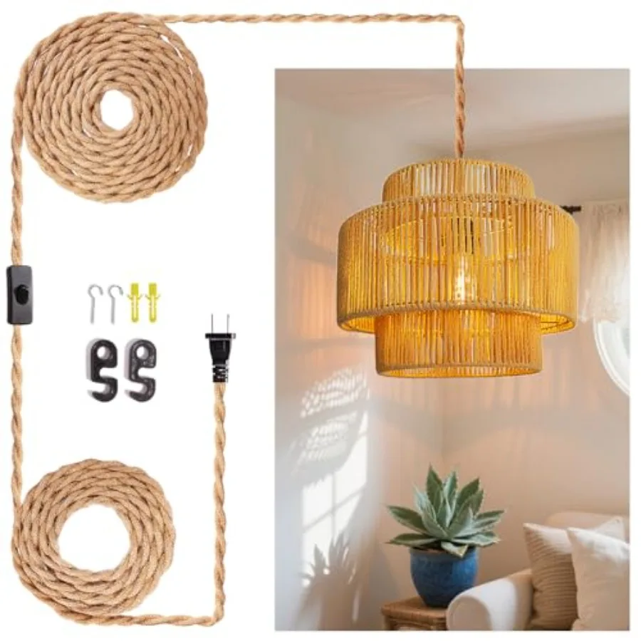 

Hangg Light Ceilg Lamp Pendant Lights Rattan Hangg Lamp with Plug Cord for Livg Room Bedroom Kitchen door Hangg Lamp Plug Woven