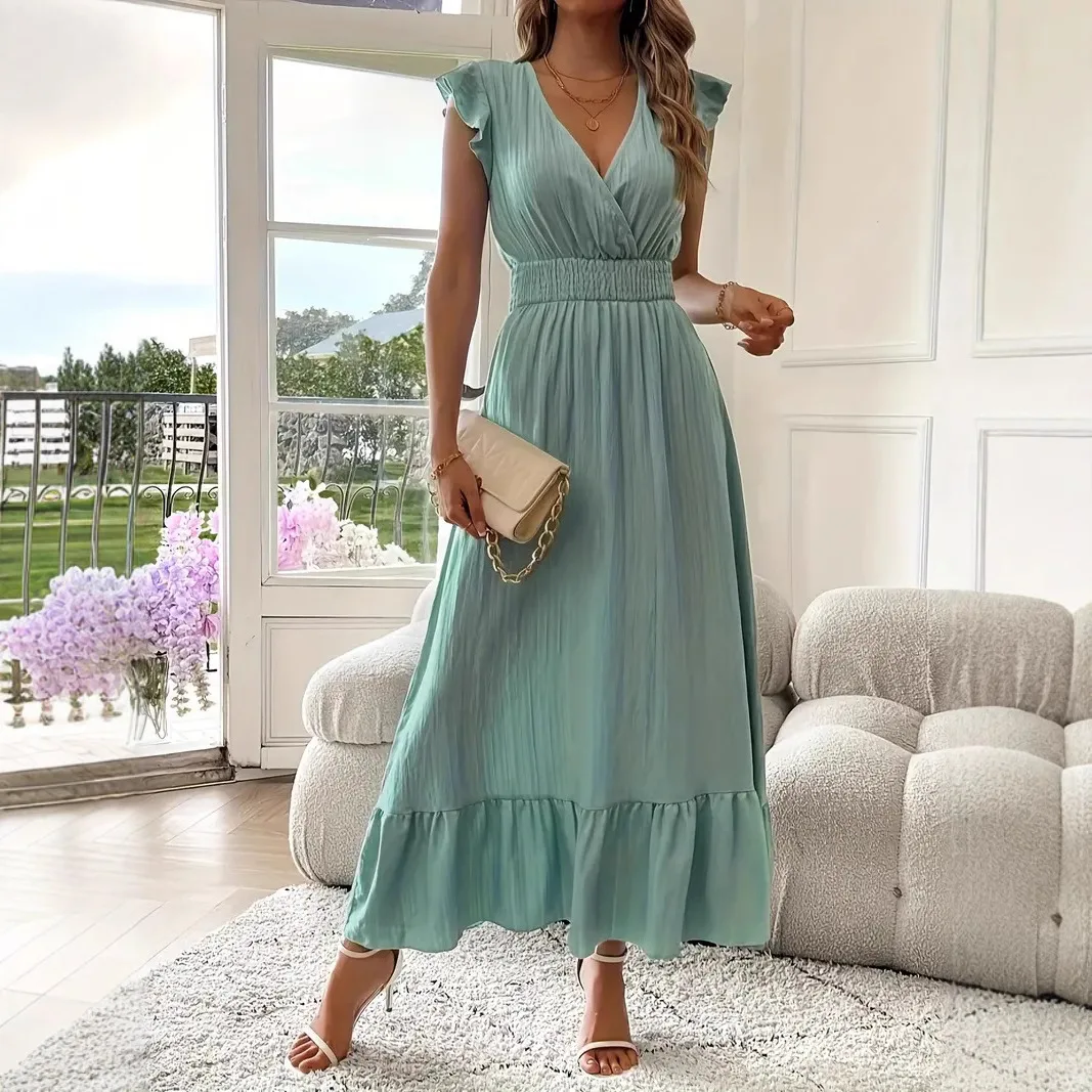 

2025 New Women's Long Summer Lotus Leaf Sleeves V-neck Fashion Elegant Printed Dress Long Skirt Vestidos De Mujer