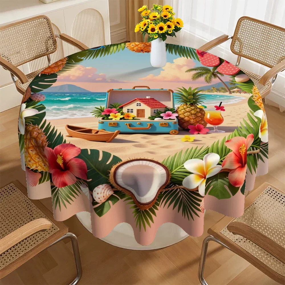 A round tablecloth featuring a vibrant beach-themed design, incorporating tropical fruits and flowers.xzj