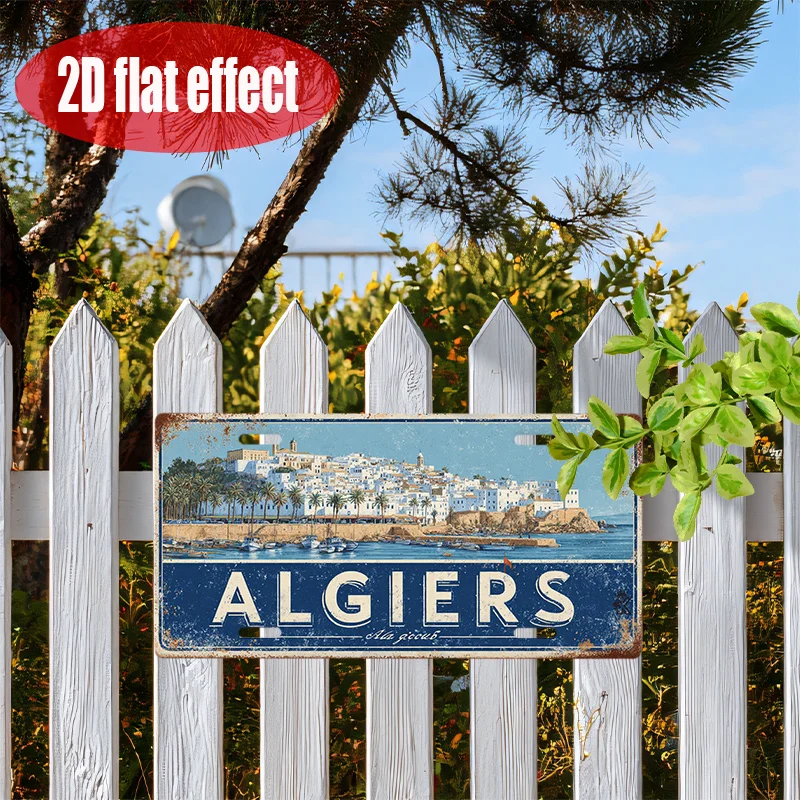2D Flat,1pc Vintage Metal Sign, Intended Solely for Decoration, Decorative Plaque,Algiers Travel Poster, Retro Home Decoration