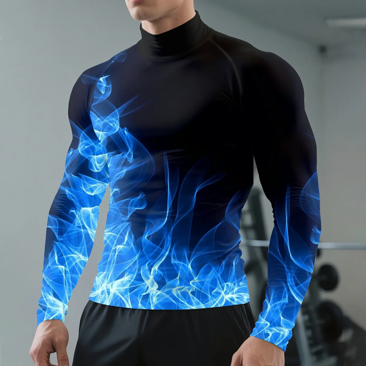 

2025 autumn winter semi-high neck long-sleeved T-shirt Blue flame 3D printing men's Clothes fiteness breathable long-sleeved top