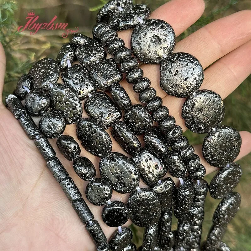 Natural Lava Rock Coin Oval Square Round DIY  Stone Beads Loose Strand 15\