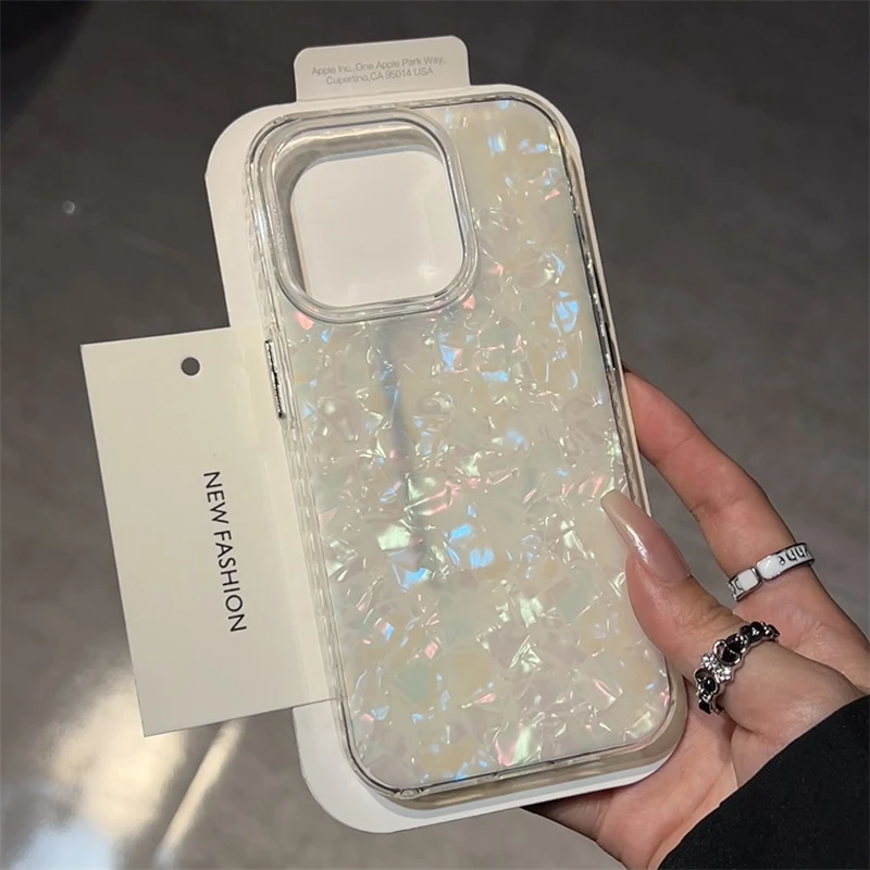 Luxury Aurora Glossy Diamond Shell Pattern Phone Case For iPhone 15 14 13 12 11 16 Pro Max Plus Laser IMD Shockproof Hard Cover