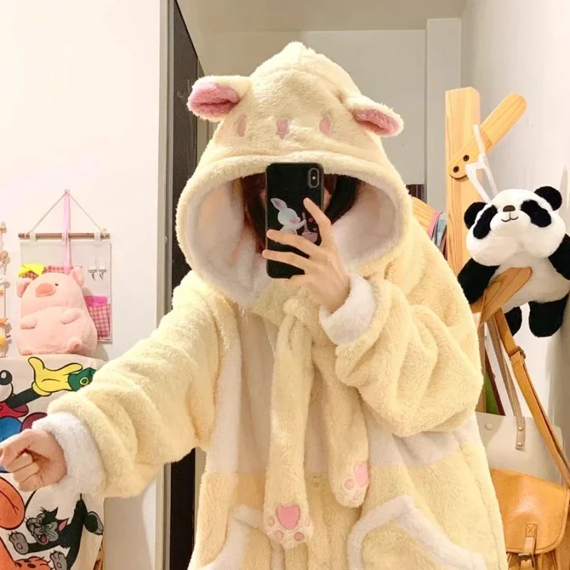 Warm Coral Velvet Pajamas Bathrobe Kawaii Girls Autumn Winter Sleepwear Thicken Soft Plush Hooded Long Homewear Women Loungewear