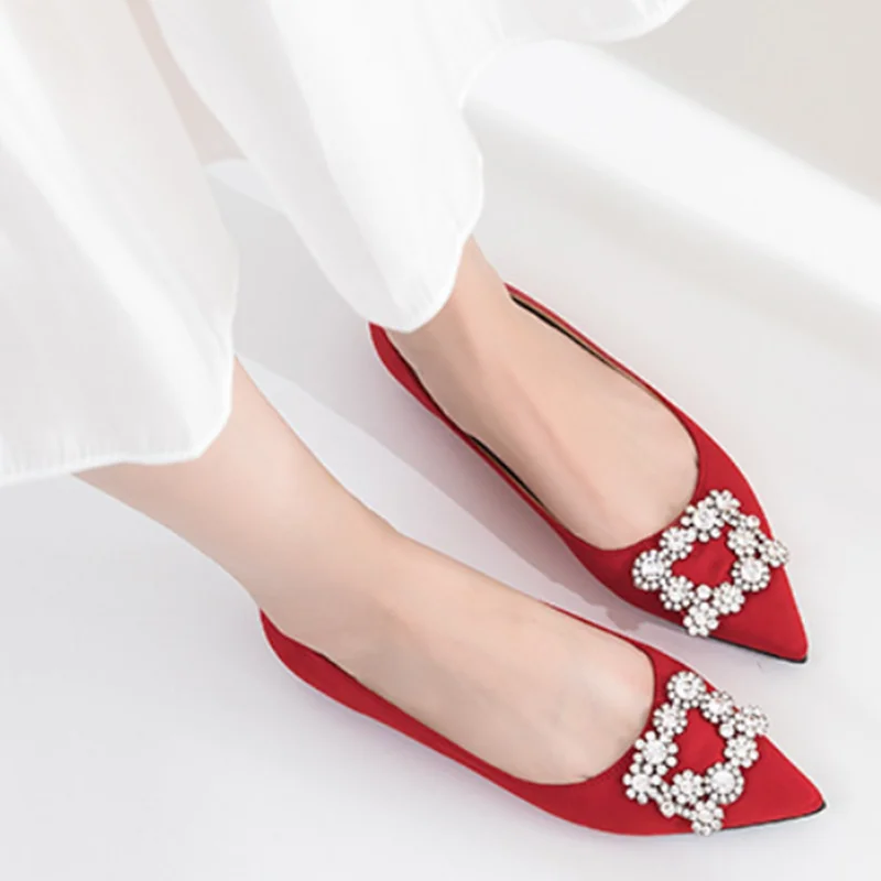 Cinderella Snow Crystal Buckle Wedding Shoes In Yellow Red Royal Blue Pointy Toe Flock Bride Flats For Dress 2024 New Arrivals