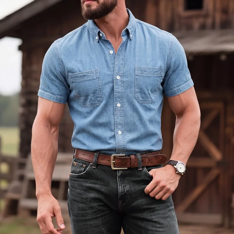 Men's Short-sleeved Fashion Denim Shirt, Western Cowboy Style - Casual Cotton Casual Work Shirt, Double Breast Pocket Design