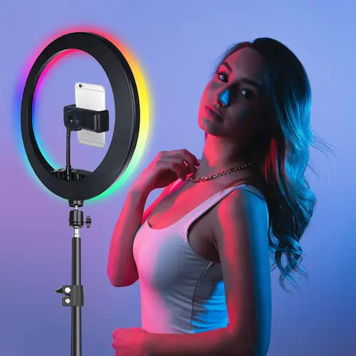 Anillo de luz LED para selfi, lámpara circular de maquillaje, 10 pulgadas, RGB, con soporte para trípode