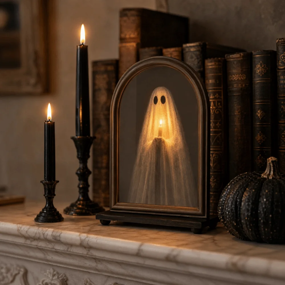 LED Glowing Ghost Mirror Ghost Shaped Battery Powered Halloween Ghost Mirror Warm LED Lights Illuminated Glowing Ghost Mirror