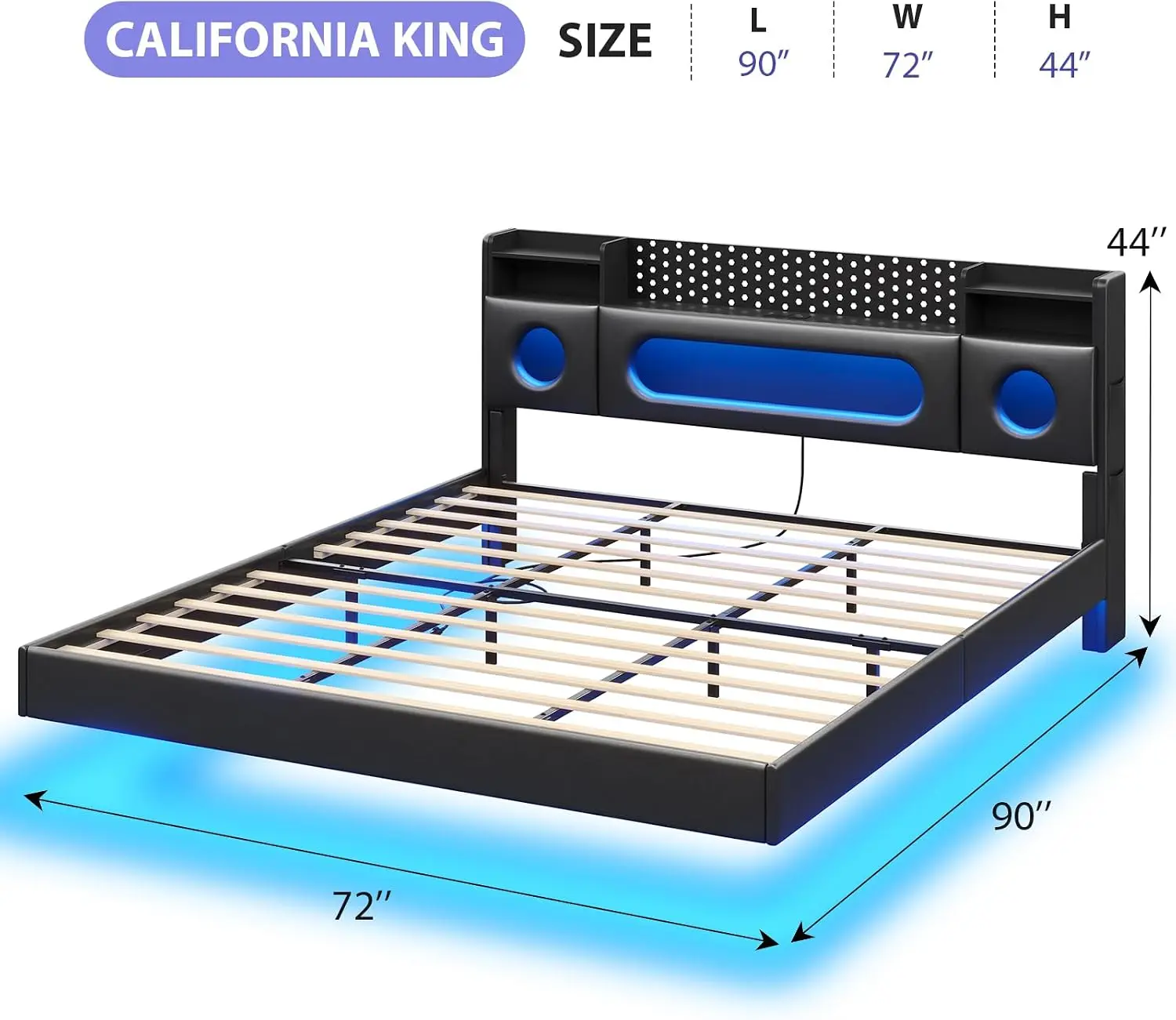 California King Floating Bed Frame with LED Lights and Storage | Cal King Bed with Headboard and Charing, Hidden Storage, No Box