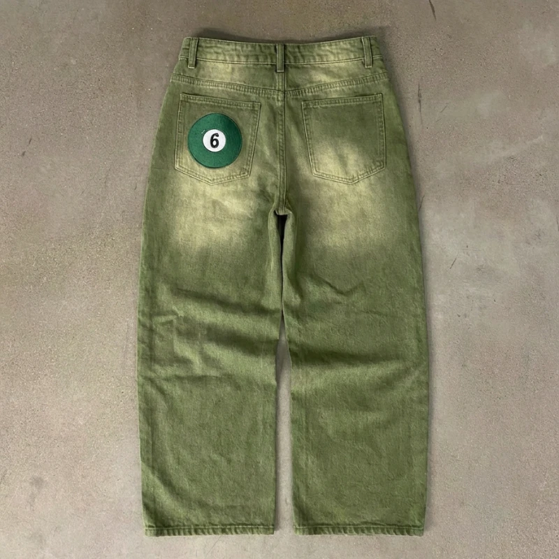 

Джинсы Y2K Street Matcha Denim с карманами, зеленые, с вышивкой 6 шариков, в стиле лондонского стритстайла, унисекс, свободного кроя