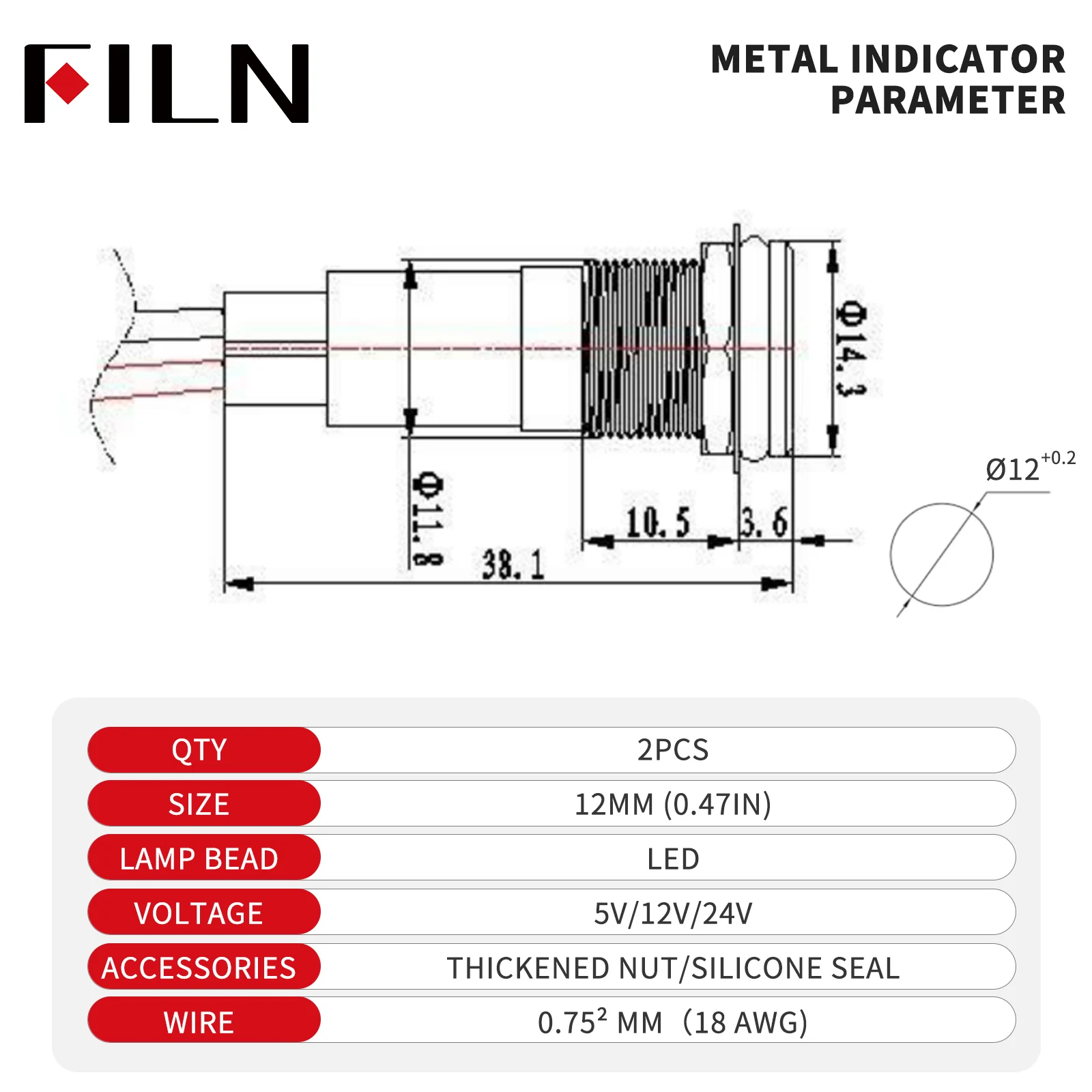 FILN 2 Stück 12mm IP67 Wasserdichte LED-Anzeigelampe 12V 24V Austauschbare Symbolleuchte 180 Symbole für Auto, Boot, Industrie – Detail 2