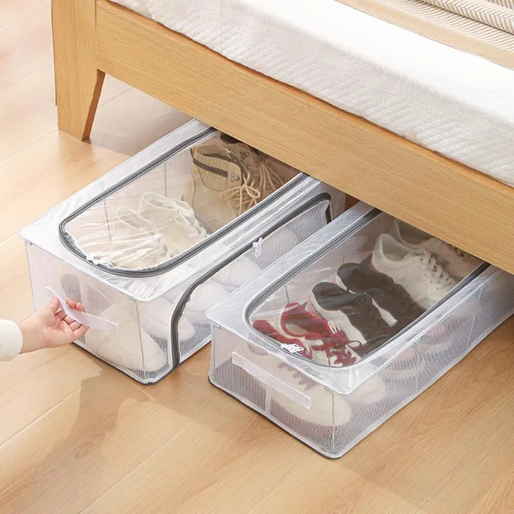 Easy-access Wardrobe Organizer Waterproof Under-bed Shoe Storage Box with Double-sided Openings Zipper Closure for Dustproof