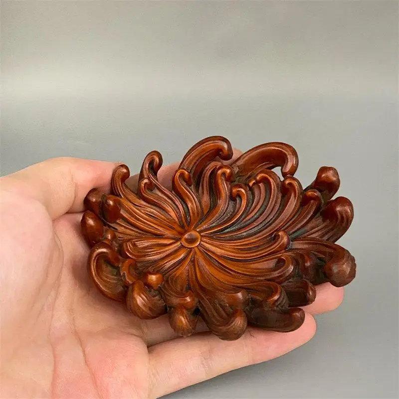 8.5cm Hand Carved Boxwood Chrysanthemum Figurine Solid Wood Tea Coaster Incense Holder Desktop Decor Ornament Woodcraft
