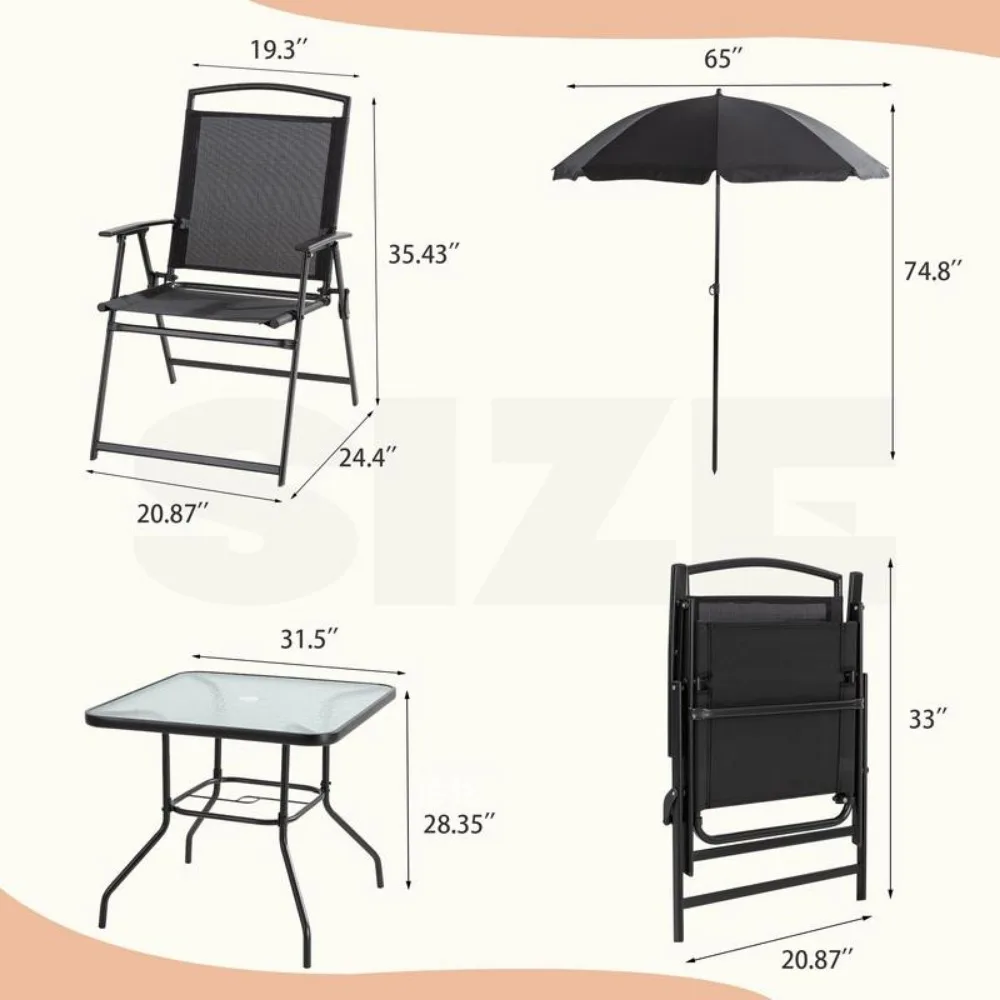 Ensemble de salle à manger de patio pliant 6 pièces avec table en verre et grand parapluie, ensemble table et chaises de patio de jardin extérieur