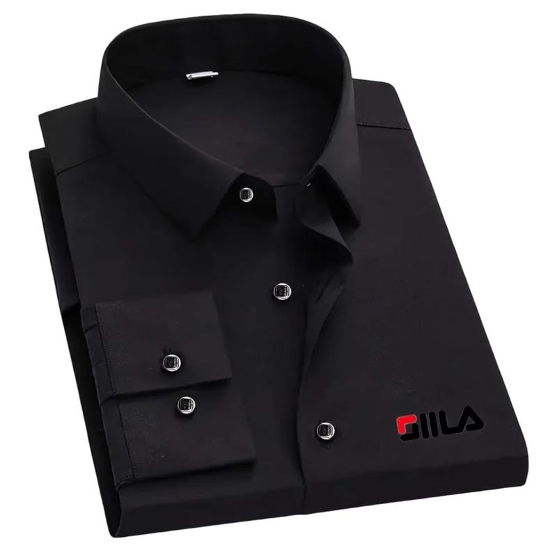 1PC Unisex Premium Business Casual Shirt with Word Logo Print Long Sleeve Slim Fit Wrinkle Resistant Formal Office Daily Shirt
