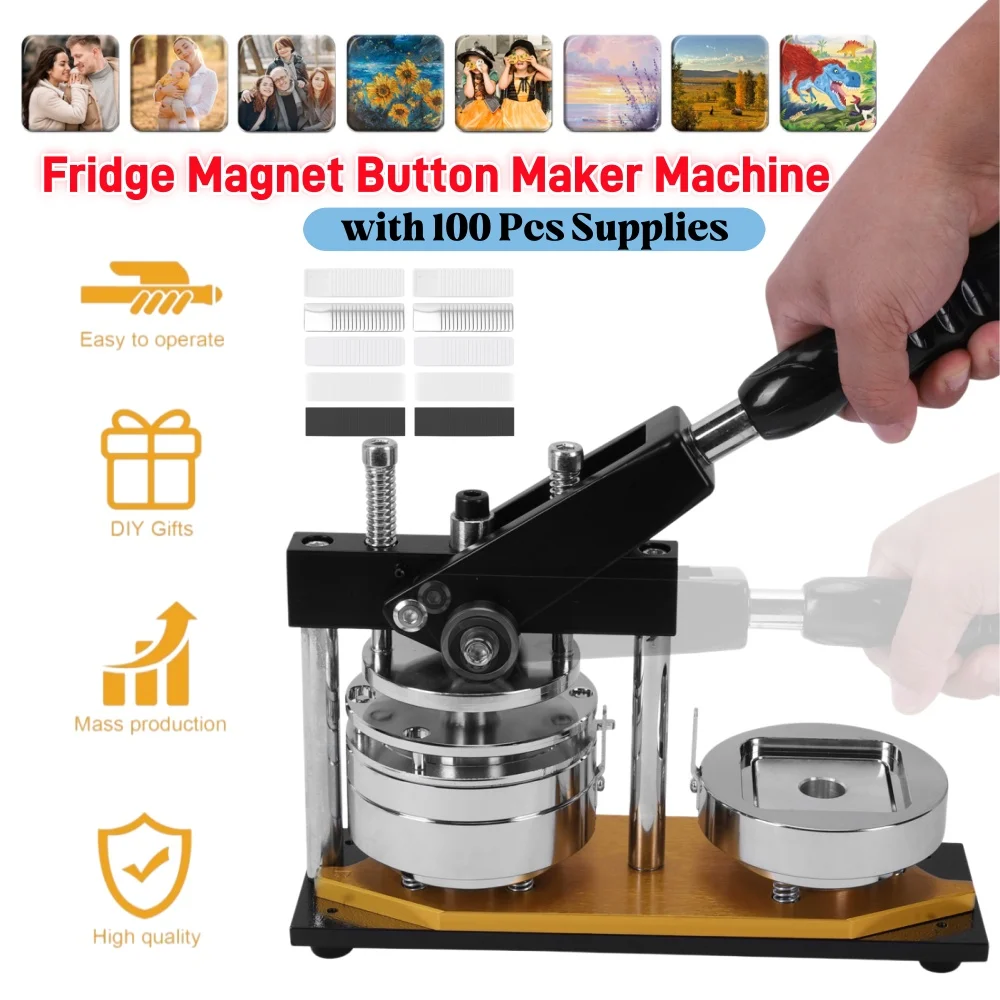 

50mm Square Badge Button Maker Manual Press Badge Machine with 100 Sets Supplies for DIY Making Magnet Refrigerator Badge