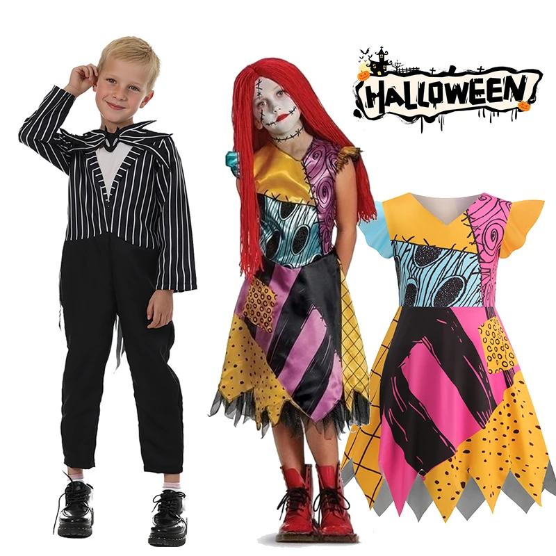 Kids Patchwork Rag Doll & Bone Spirit Costume Set Tulle Dress Jumpsuit Mask Halloween Carnival Cosplay Party Outfit