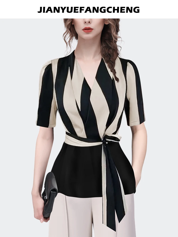 Fashion Women Short Sleeve Vertical stripe Satin Shirt 2023 Summer Tops Elegant Slim V-neck Belt Lace-up Casual Office Blouses