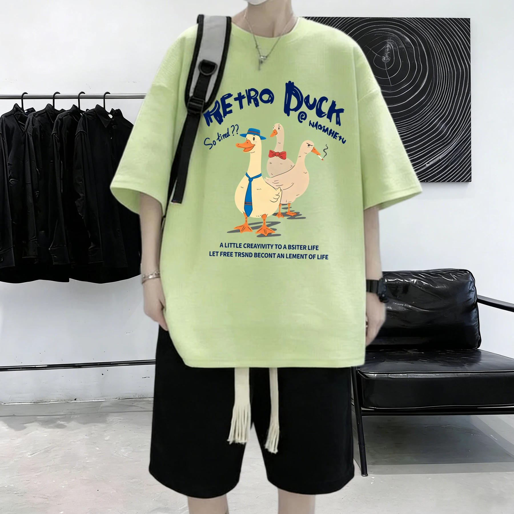 Retro Duck Doesn'T Feel Tired Printed Summer Casual Tops Cotton Mens High Street Simple T-Shirts Vintage Fashion Clothing