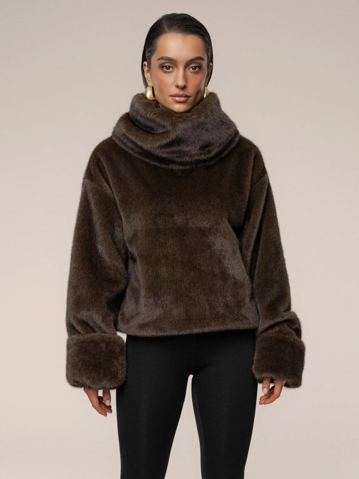 DFDG 2026 Women Cowl Neck Faux Mink Fur Cropped Long Sleeve Plush Pullover Warm Fluffy Blouse Fall Winter Party Casual Daily Fur