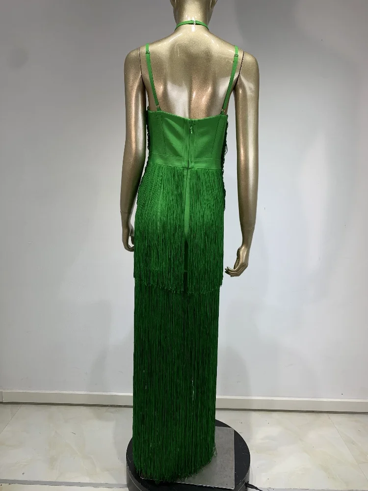 Brand Summer New 2024 INS Celebrity Sexy Tassel Green Bodycon Bandage Dress Elegant High Street Party Evening Maxi Dress