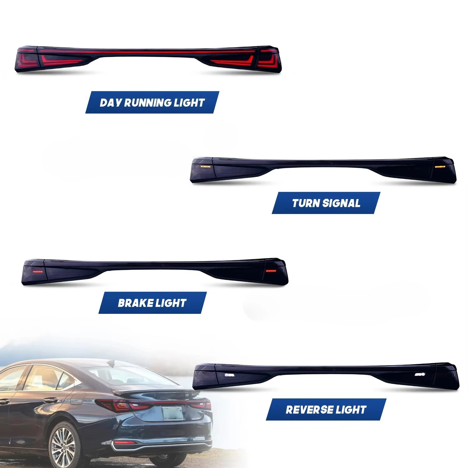 HCMOTIONZ LED Rear Lights Assembly for ES 2019-2023 ES350/300h/200/260 Upgrade 2024 Design Tail Lamps with Middle Lamp