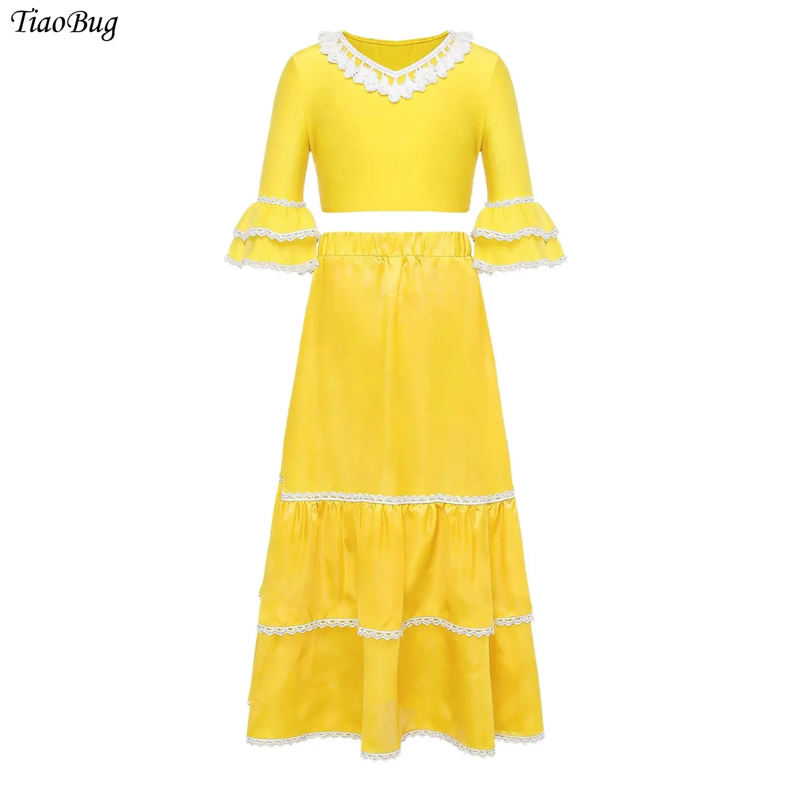 

Kid Girl Gypsy Spanish Flamenco Skirt Ruffle Half Sleeves Crop Top with Satin Tiered Skirt Carnival Ballroom Belly Dance Costume