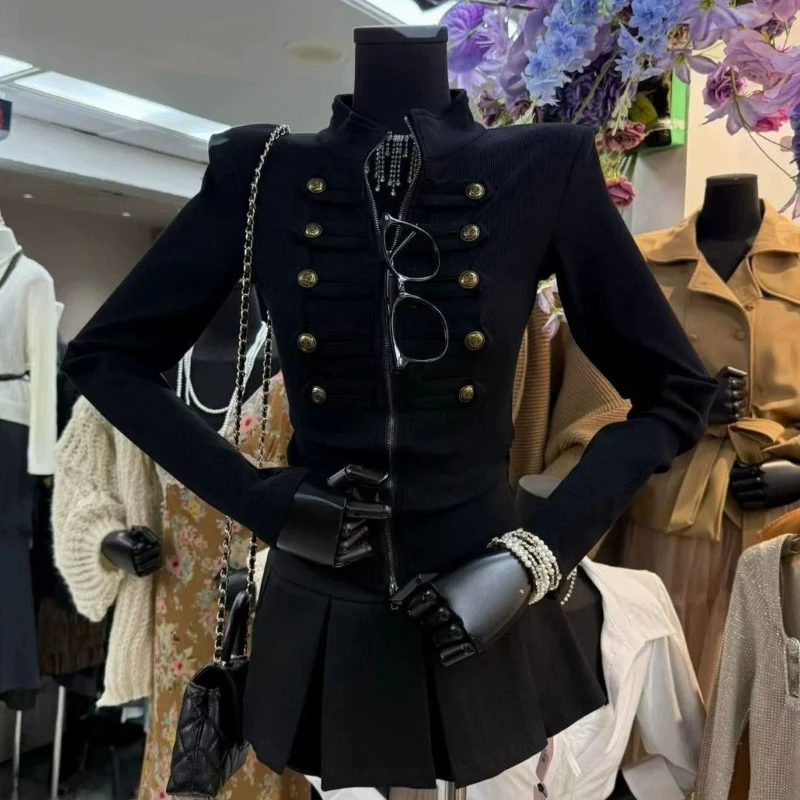 Y2k Vintage Long Sleeve Korean Style Cropped Jacket Women Casual Button Patchwork Bodycon Coat Versatile Autumn Winter 2026