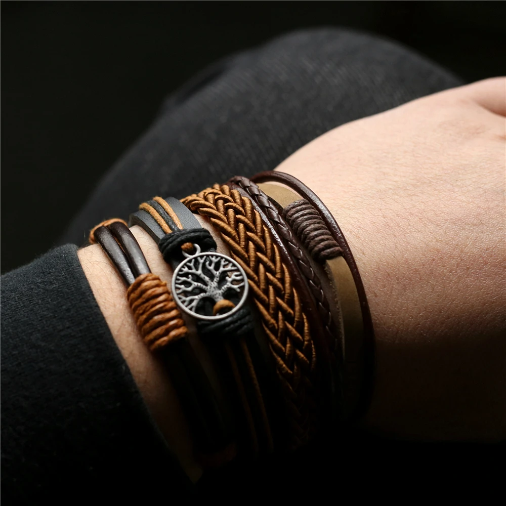 New Casual Wrap Leather Bracelets Men WristStrap Women Bangles 10 Pcs/Set Handmade Weave Khaki Braided Homme Jewellery