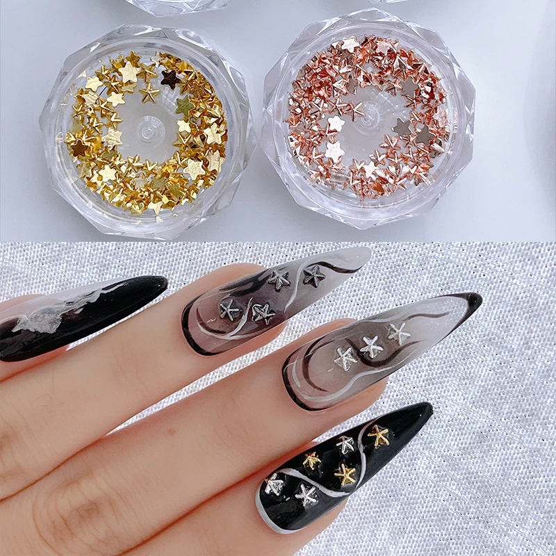 1 boîte 3D or argent Nail Art pentagramme bijoux goujons métalliques breloques pour ongles alliage Flatback étoiles décoration des ongles outil de manucure